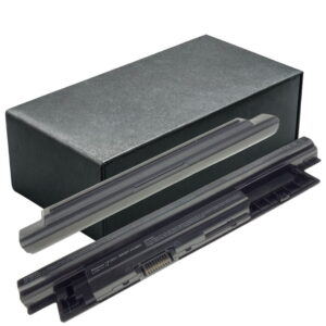 Bateria do laptopa Dell 14R-3421 pokazana z dwóch stron obok czarnego pudełka