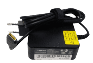 Czarny zasilacz Lenovo 65W z przewodem, wtyczką USB-C i europejską wtyczką sieciową