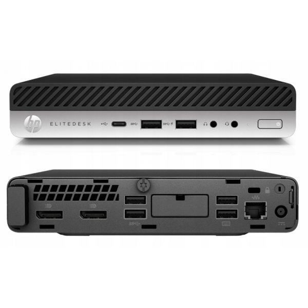 Komputer HP EliteDesk 800 G4 Mini i5-8500T 8GB 240GB SSD WINDOWS 11 1 HP EliteDesk 800 G4 Mini – widok przedniego i tylnego panelu ze złączami