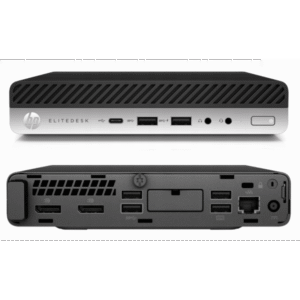 HP EliteDesk Mini w czarno-srebrnej obudowie, widok na panel przedni i tylny z portami
