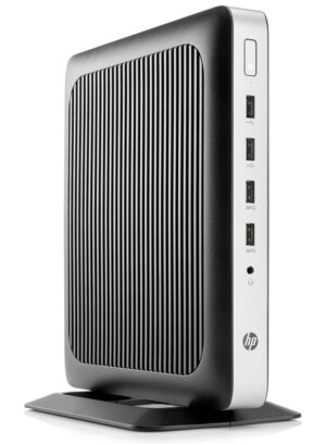 Terminal HP T630 Thin Client ustawiony pionowo na podstawce, z panelem przednim i portami USB
