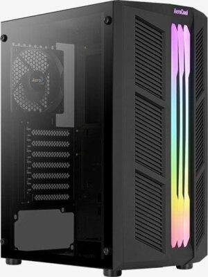 Czarna obudowa Aerocool Tower z przeszklonym bokiem i trzema pionowymi listwami RGB