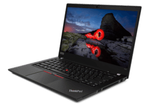 Lenovo ThinkPad T490 otwarty pod kątem, z ekranem 14 cali i klawiaturą z czerwonym TrackPointem