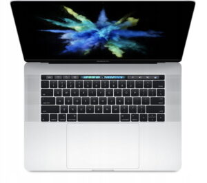 Srebrny MacBook Pro A1707 otwarty od góry, z klawiaturą i ekranem z abstrakcyjną tapetą