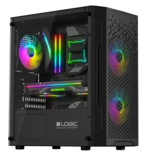 Czarny komputer Logic Gaming Concept z przeszklonym bokiem, podświetleniem RGB i kartą GeForce RTX