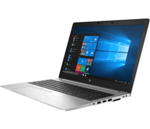 Srebrny HP EliteBook 850 G6 otwarty pod kątem, z ekranem z pulpitem Windows