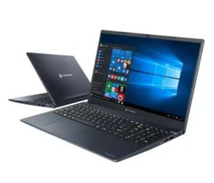 Otwarty laptop Toshiba Dynabook Tecra A50-J z ekranem systemu Windows i widokiem tylnej obudowy