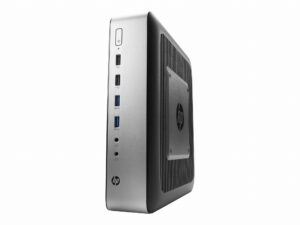 Terminal HP T730 Thin Client w srebrno-czarnej obudowie, widok z przodu i boku