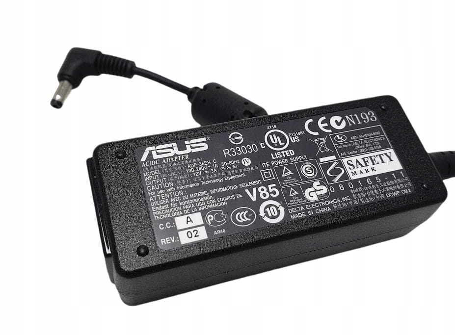 Zasilacz Asus 12V 3A 36W 1 Czarny zasilacz Asus 12V 3A 36W z kątową wtyczką i etykietą parametrów