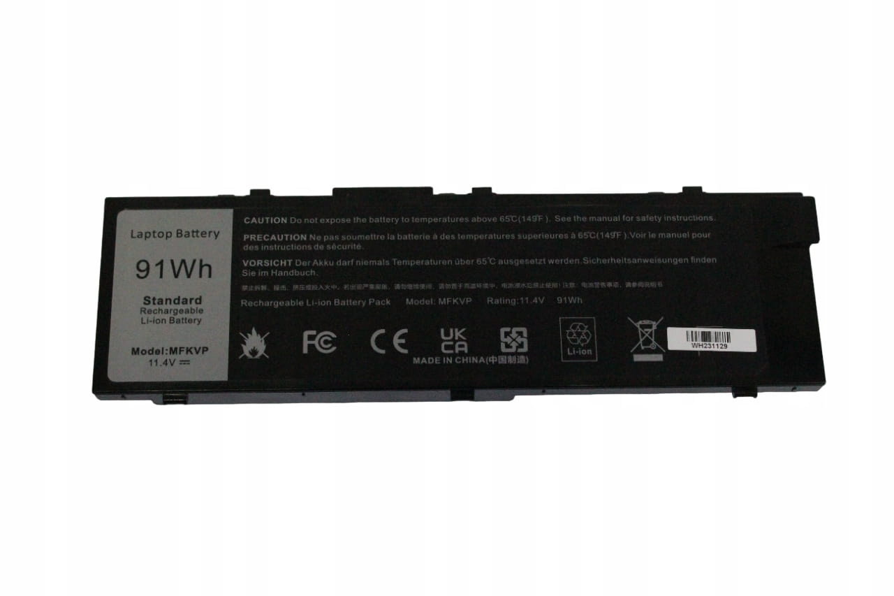 Bateria do Dell Precision 7510 7520 7710 7720 | MFKVP 1 Bateria MFKVP 91 Wh 11,4 V do laptopów Dell Precision, widok etykiety i złączy
