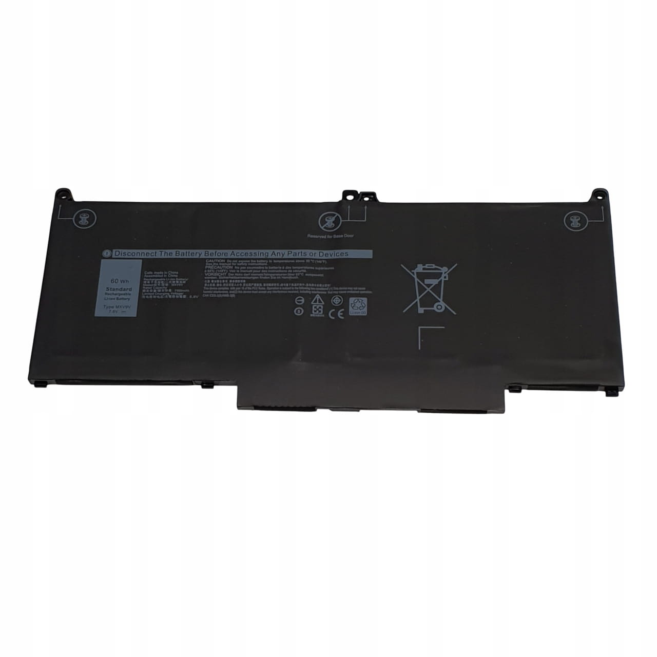 Bateria do Dell Latitude 5300 7300 7400 5310 | MXV9V 3 Czarna bateria Dell MXV9V od strony etykiety z oznaczeniami bezpieczeństwa