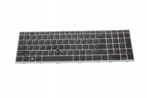 Czarna klawiatura do laptopa HP w srebrnej ramce z panelem numerycznym i trackpointem