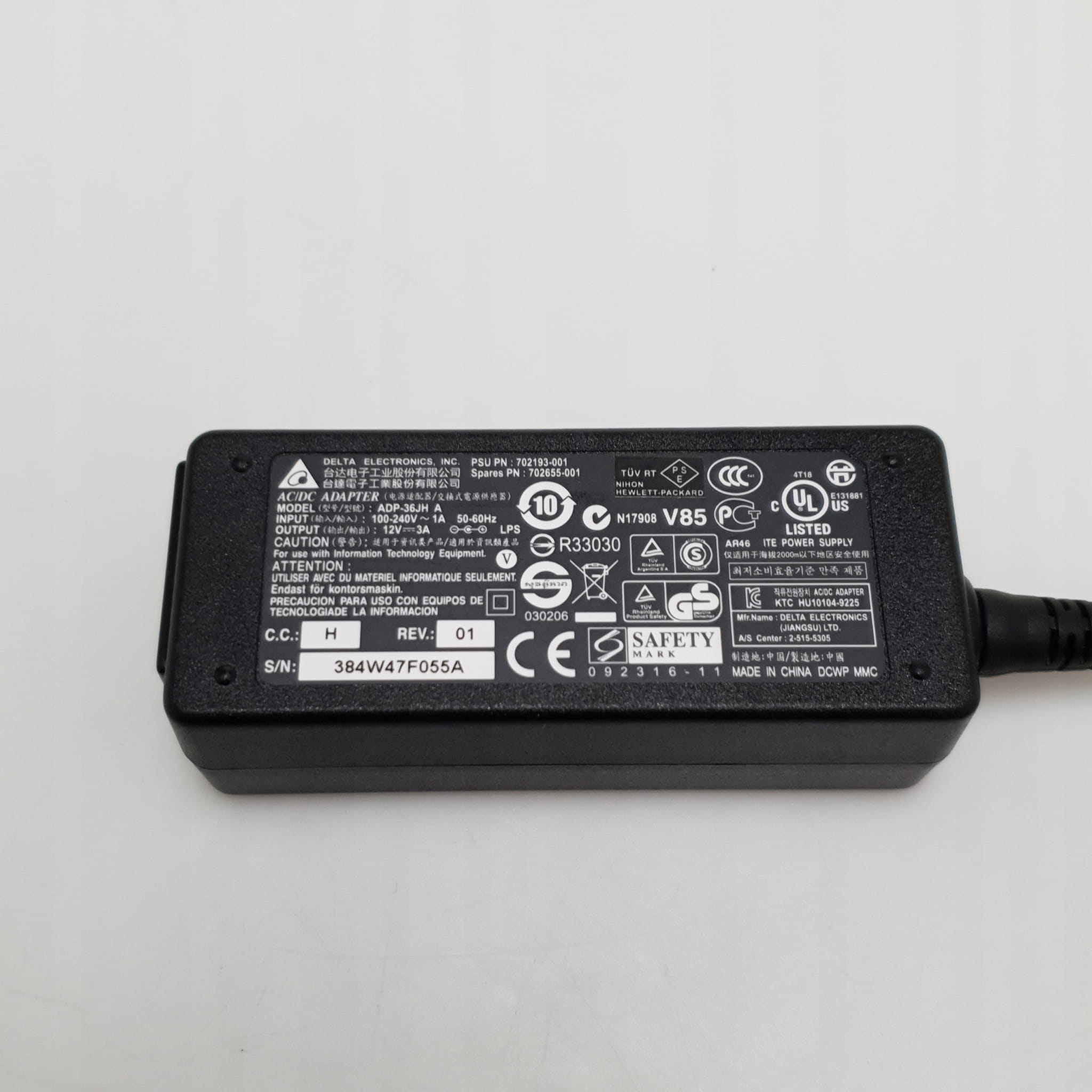 Zasilacz Delta ADP-36JH | 12V 3A 36W | 5.5 x 2.5mm 5 Etykieta parametrów na obudowie zasilacza Delta ADP-36JH