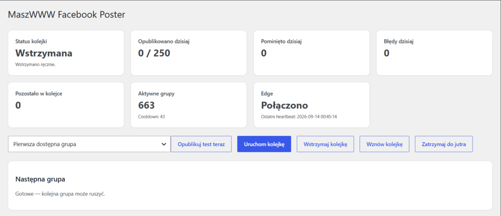 MaszWWW Facebook Poster 2 Panel MaszWWW Facebook Poster ze statusem kolejki, licznikiem publikacji i połączeniem Edge
